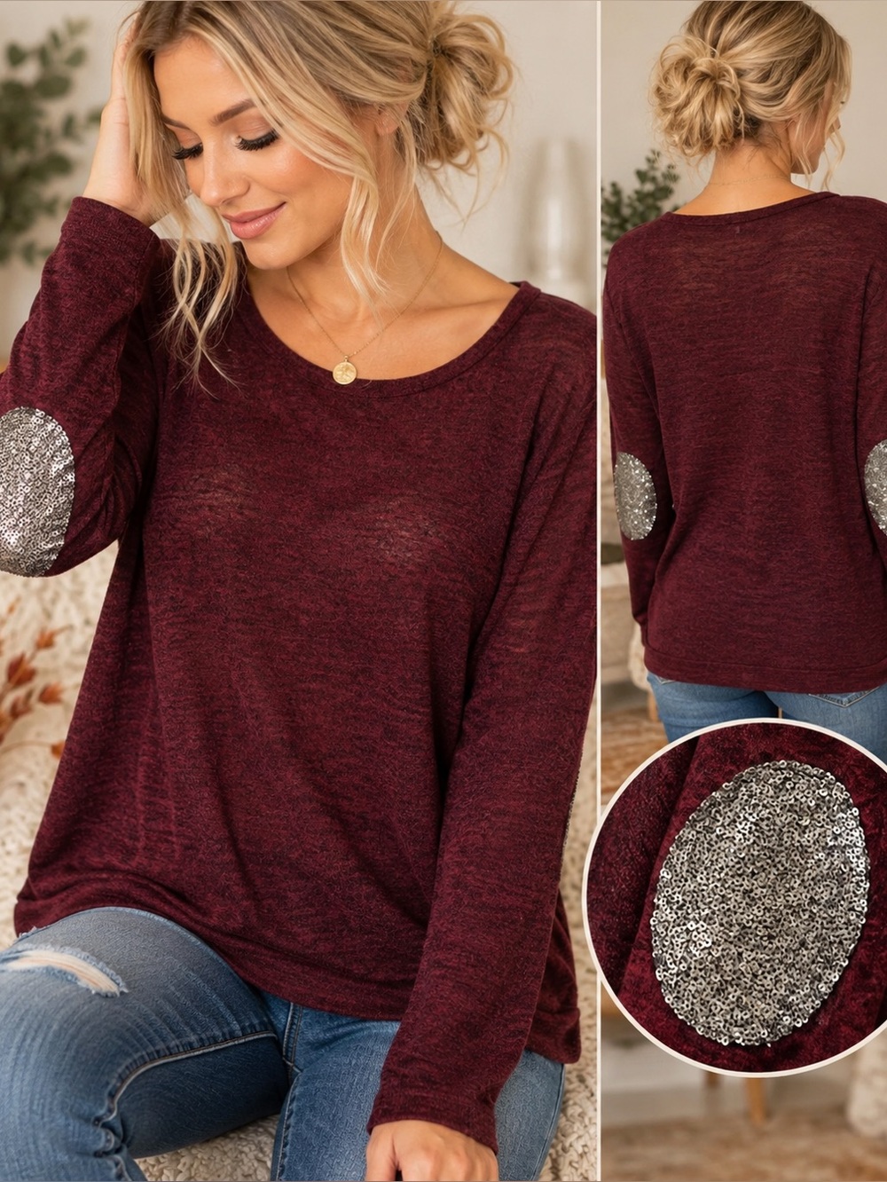 Alya Burgundy Semi Sheer Knit Pullover Sweater Silver Sequin Elbow Patches Sz L